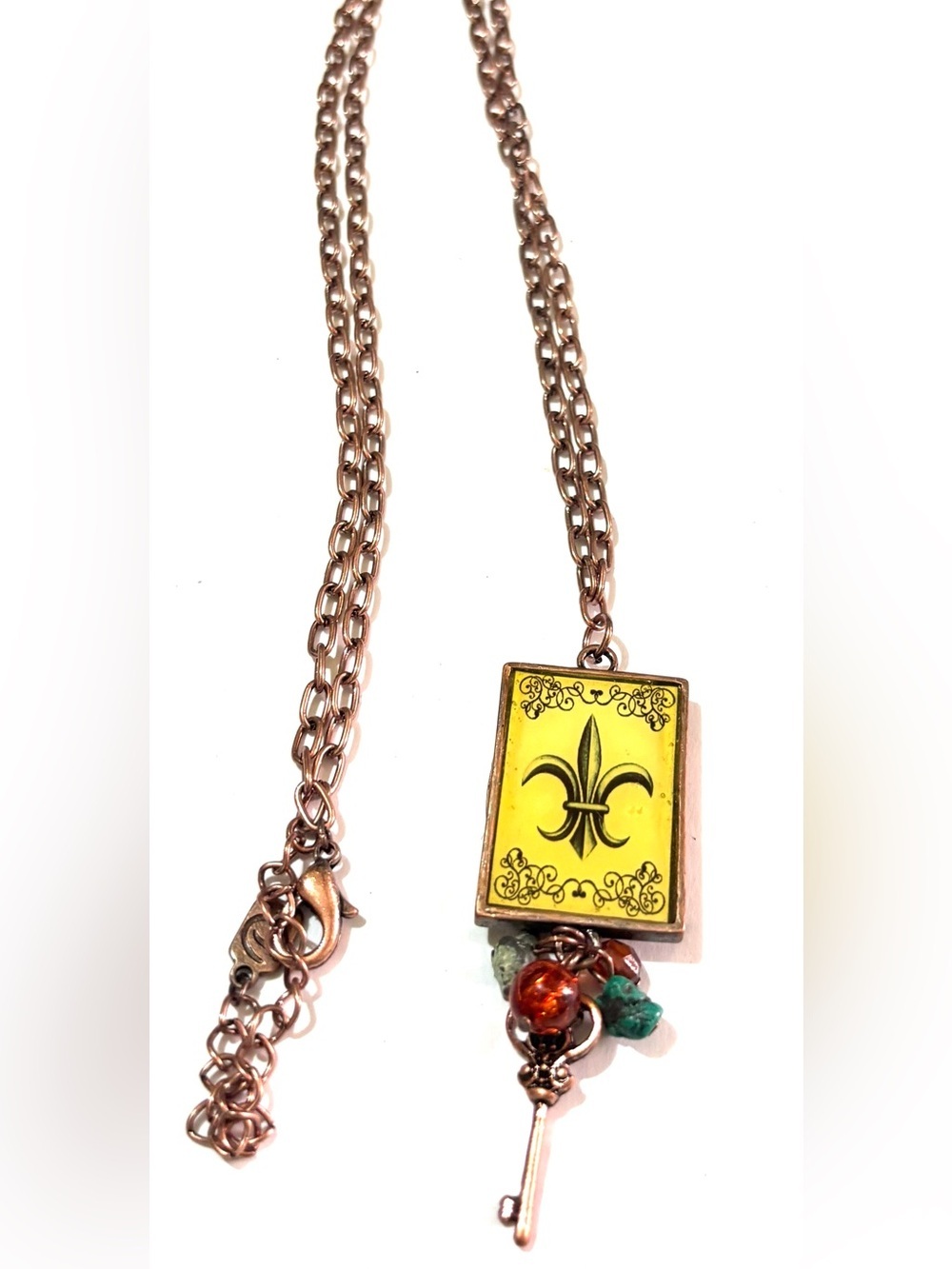Vintage Yellow Fleur-de-Lis Pendant Necklace with Copper Chain